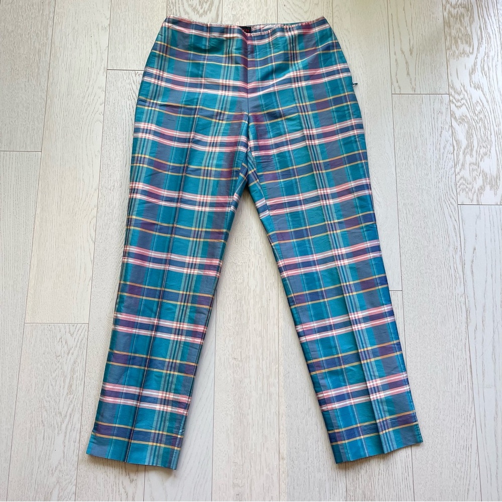 Ralph Ralph Lauren 100% Iridescent Silk Plaid Cigarette Pants Glamour Old Money